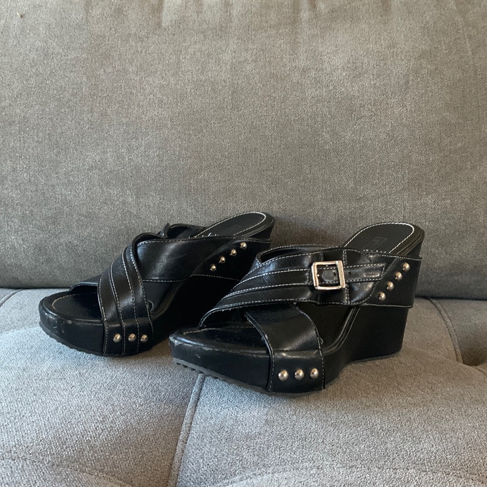 Black Leather Harley Davidson Wedge Sandal